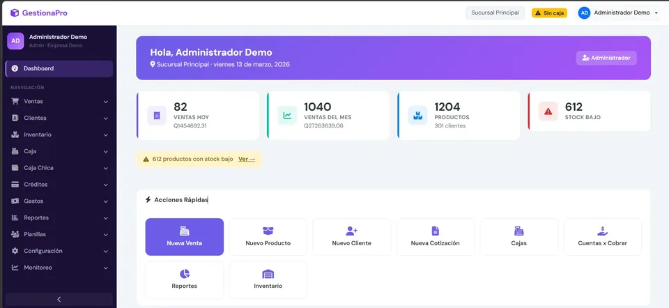 Panel con resumen de ventas, caja e inventario en GestionaPro