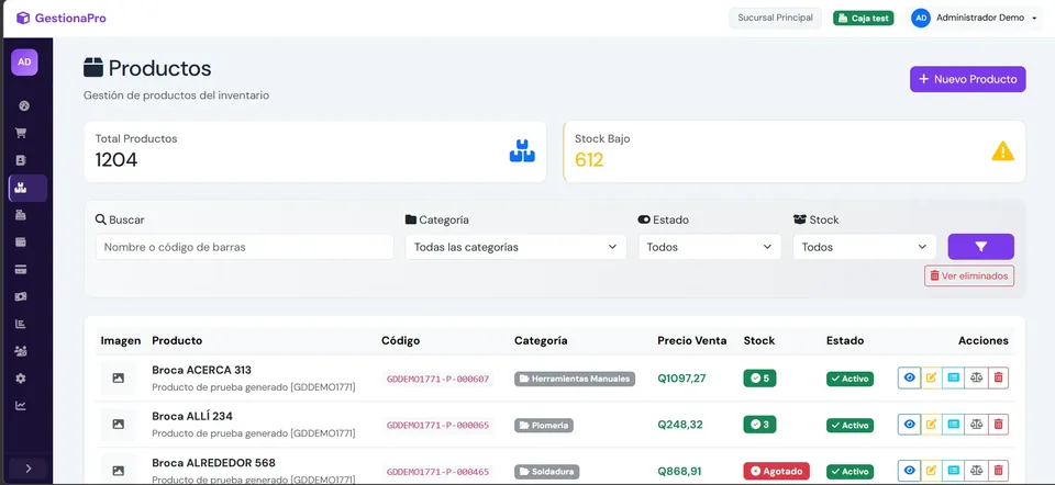 Módulo de inventario con alertas de stock en GestionaPro