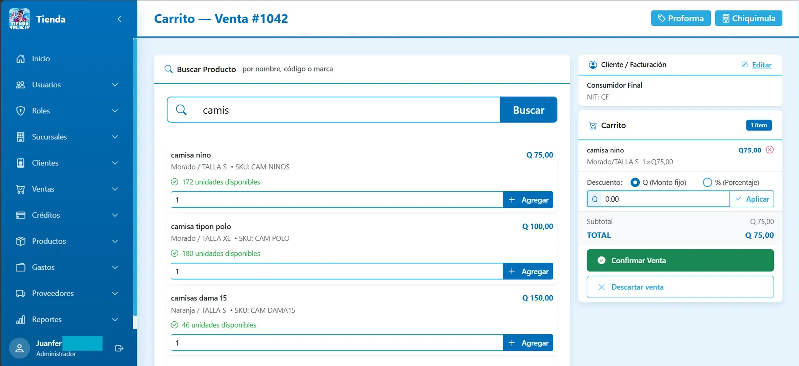 Punto de venta de GestionaPro en una tienda de ropa con carrito y cobro
